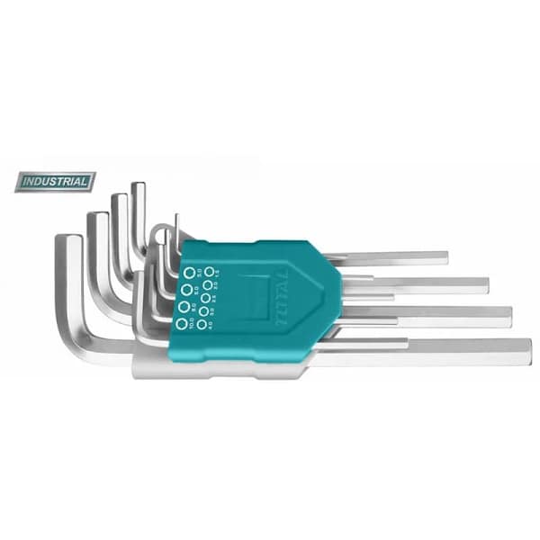Set profesional TOTAL Industrial cu 9 chei imbus hexagonale 1.5–10mm din oțel Cr-V, ideal pentru lucrări de precizie și rezistență sporită.